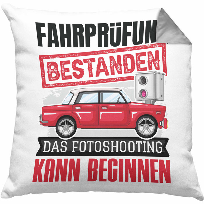 Führerschein Bestanden Geschenk Kissen mit Füllung 40x40 Bestandener Führerschein Das Fotoshooting Kann Beginnen Fahrschule (Grau) Grau Trendation