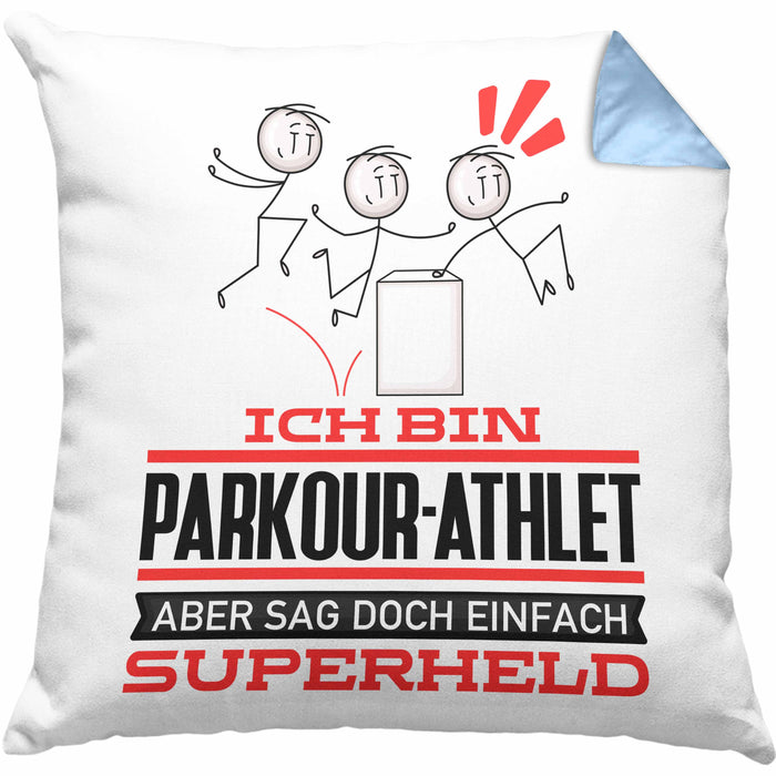 Parkour-Athlet Geschenk Kissen mit Füllung 40x40 Ich Bin Parkour-Athlet Aber Sag Doch Einfach Superheld Lustige Geschenkdiee für Parkour-Athlet (Grau) Blau Trendation