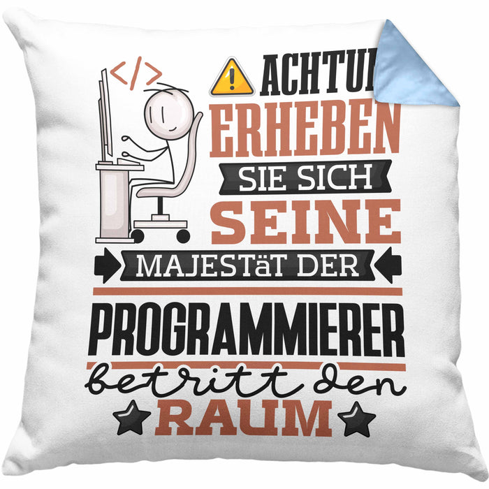 Programmierer Geschenk Kissen mit Füllung 40x40 Lustiger Spruch Erheben Sie Sich Der Programmierer Betritt den Raum (Grau) Blau Trendation