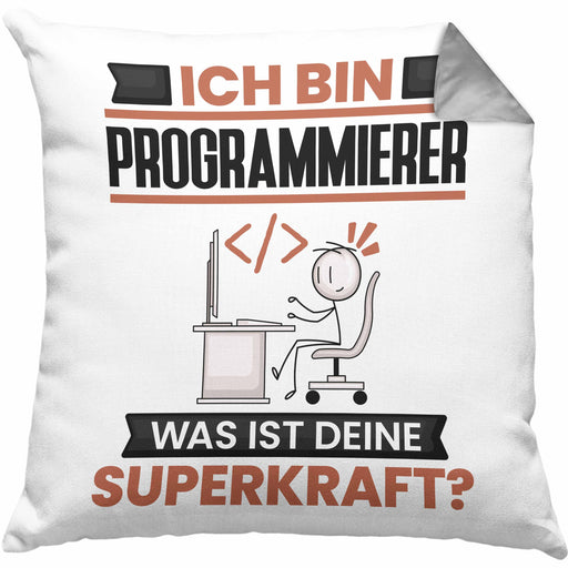 Programmierer Kissen mit Füllung 40x40 Geschenk für Programmierer Geburtstag Lustiger Spruch Was Ist Deine Superkraft (Grau) Grau Trendation