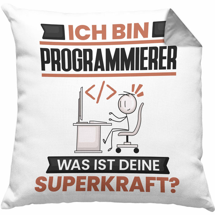 Programmierer Kissen mit Füllung 40x40 Geschenk für Programmierer Geburtstag Lustiger Spruch Was Ist Deine Superkraft (Grau) Grau Trendation