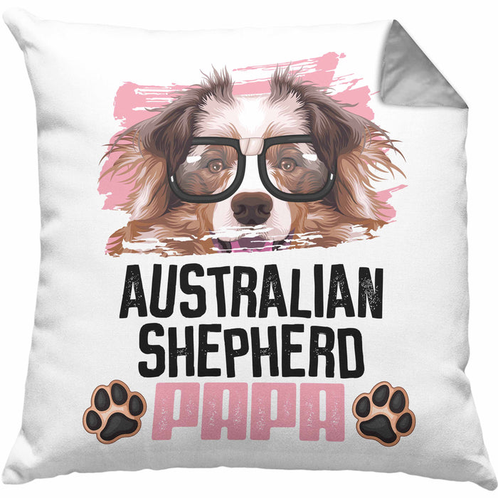 Australian Shepherd Papa Besitzer Kissen mit Füllung 40x40 Geschenk Lustiger Spruch Geschenkidee Australian Shepherd Liebhaber (Grau) Grau Trendation