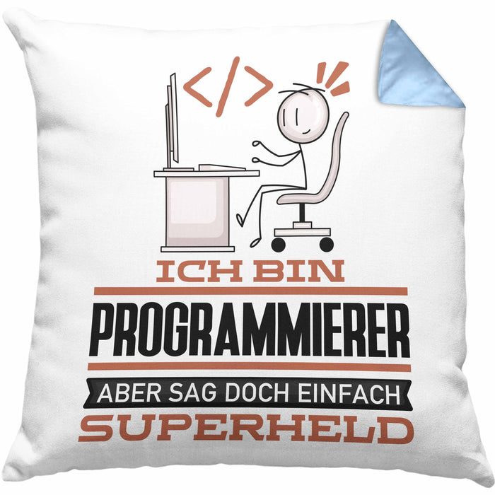 Programmierer Geschenk Kissen mit Füllung 40x40 Ich Bin Programmierer Aber Sag Doch Einfach Superheld Lustige Geschenkdiee für Programmierer (Grau) Blau Trendation