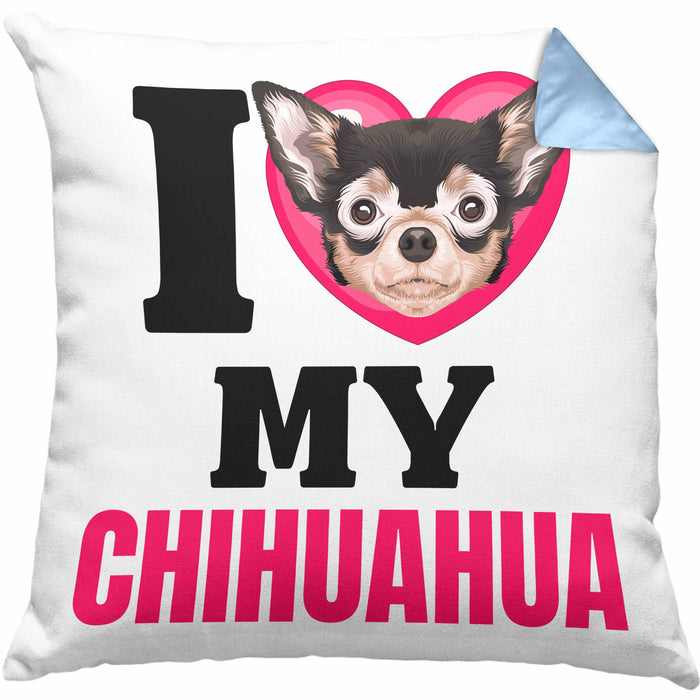 Chihuahua Besitzerin Kissen mit Füllung 40x40 Geschenk Lustiger Spruch Geschenkidee I Love My Chihuahua (Grau) Blau Trendation