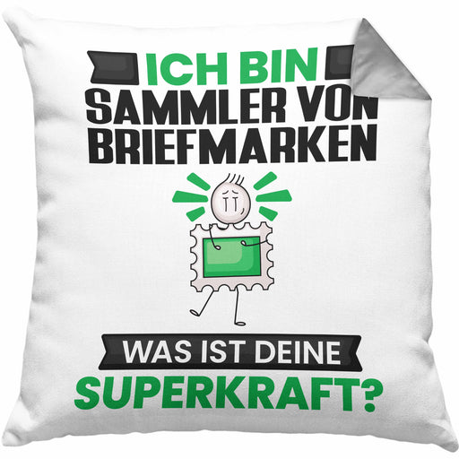 Sammler von Briefmarken Kissen mit Füllung 40x40 Geschenk für Sammler von Briefmarken Geburtstag Lustiger Spruch Was Ist Deine Superkraft (Grau) Grau Trendation