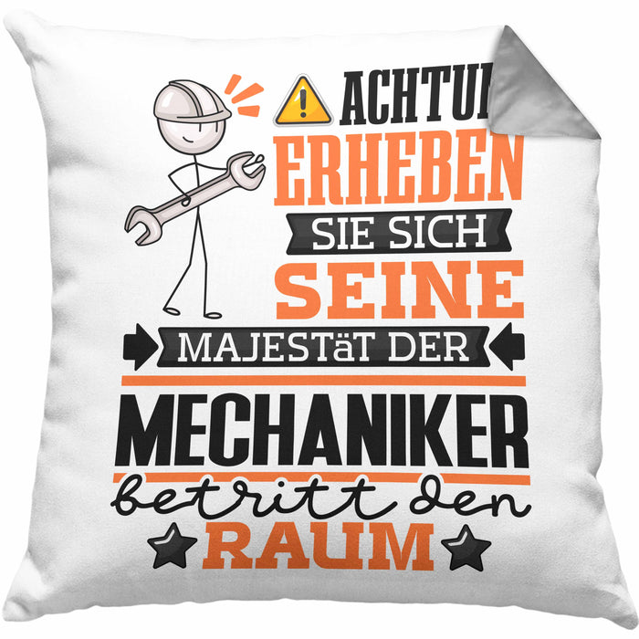 Mechaniker Geschenk Kissen mit Füllung 40x40 Lustiger Spruch Erheben Sie Sich Der Mechaniker Betritt den Raum (Grau) Grau Trendation