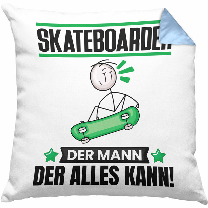 Skateboarder Kissen mit Füllung 40x40 Geschenk für Skateboarder Der Mann Der Alles Kann Geschenkidee zum Geburtstag (Grau) Blau Trendation
