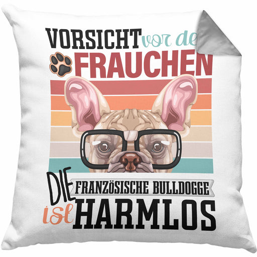 Französische Bulldogge Besitzerin Frauchen Kissen mit Füllung 40x40 Geschenk Lustiger Spruch Geschenkidee Vorsicht Vor Dem Frauchen (Grau) Grau Trendation