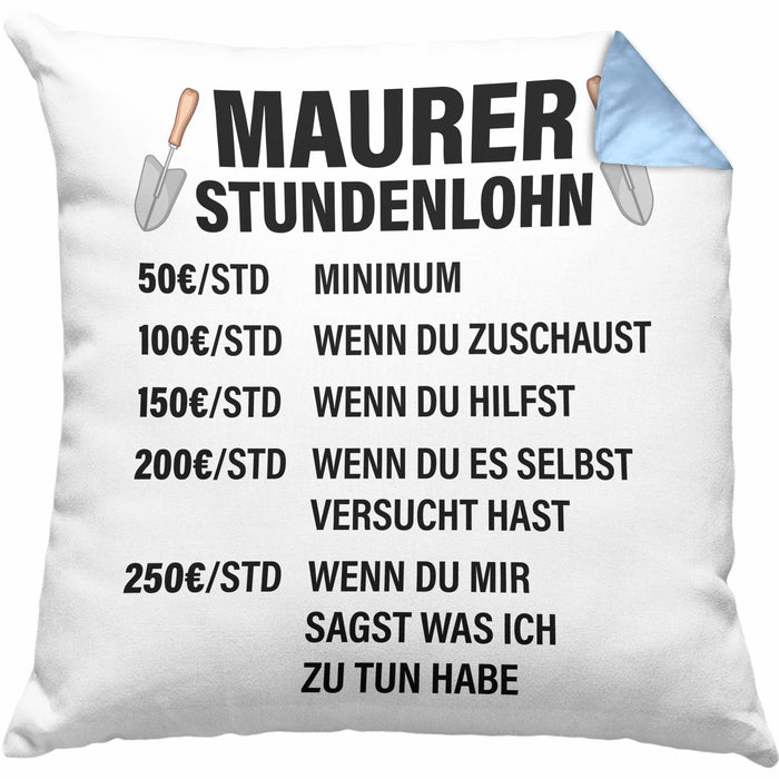 Maurer Kissen mit Füllung 40x40 Geschenk Mit Spruch Maurer Geschenkidee Lustig Männer Stundenlohn (Grau) Blau Trendation