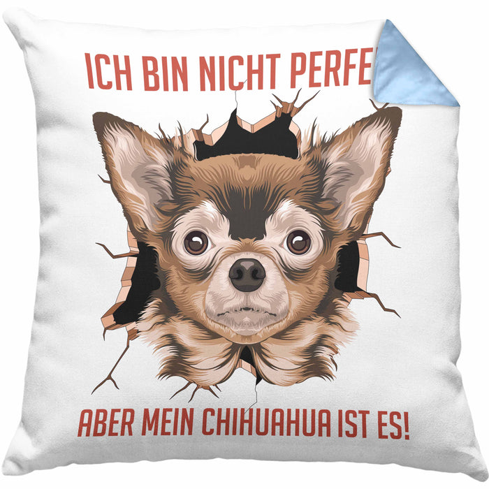 Chihuhahua Besitzer Kissen mit Füllung 40x40 Geschenk Geschenkidee Frauchen Herrchen Ich Bin Nicht Perfekt Aber Mein Chihuaha Ist Es (Grau) Blau Trendation