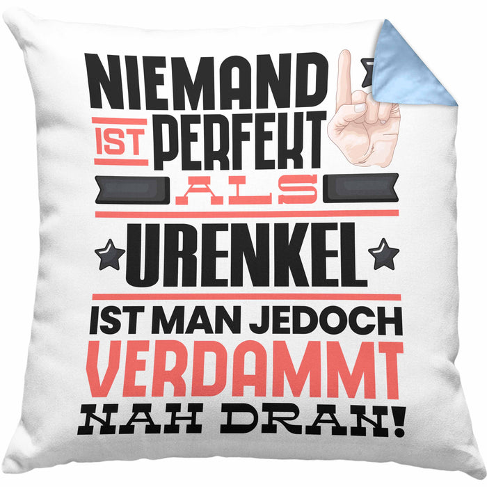 Urenkel Geschenk Kissen mit Füllung 40x40 Lustige Geschenkidee für Urenkel Geburtstag Niemand Ist Perfekt Aber Als Urenkel Ist Man Nah Dran (Grau) Blau Trendation