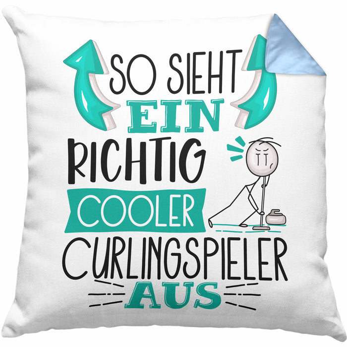 Curlingspieler Kissen mit Füllung 40x40 Geschenk So Sieht Ein RIchtig Cooler Curlingspieler Aus Geschenkidee Lustiger Spruch Geburtstag Curling Spieler (Grau) Blau Trendation