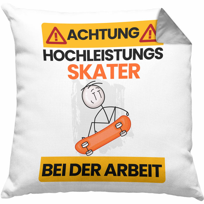 Skater Kissen mit Füllung 40x40 Geschenk Lustiger Spruch Geschenkidee für Skater Achtung Hochleistungs Skater Bei Der Arbeit (Grau) Grau Trendation