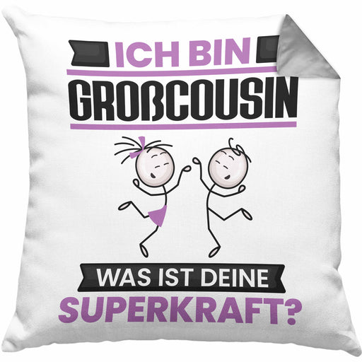 Großcousin Kissen mit Füllung 40x40 Geschenk für Großcousin Geburtstag Lustiger Spruch Was Ist Deine Superkraft (Grau) Grau Trendation