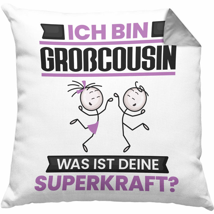Großcousin Kissen mit Füllung 40x40 Geschenk für Großcousin Geburtstag Lustiger Spruch Was Ist Deine Superkraft (Grau) Grau Trendation