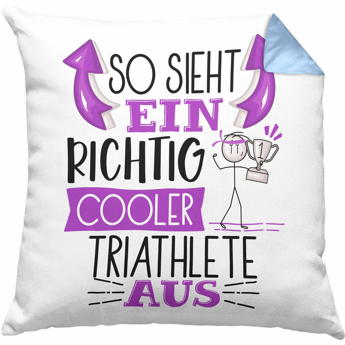 Triathlete Kissen mit Füllung 40x40 Geschenk So Sieht Ein RIchtig Cooler Triathlete Aus Geschenkidee Lustiger Spruch Geburtstag (Grau) Blau Trendation