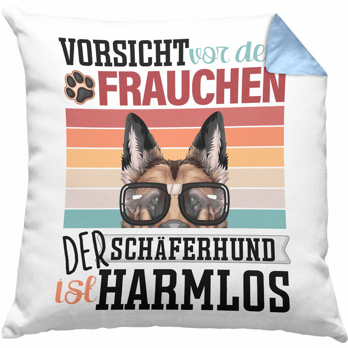 Schäferhund Besitzerin Frauchen Kissen mit Füllung 40x40 Geschenk Lustiger Spruch Geschenkidee Vorsicht Vor Dem Frauchen (Grau) Blau Trendation
