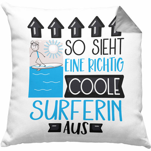 Surferin Geschenk Kissen mit Füllung 40x40 Lustig Geschenkidee für Surferin Geburtstag So Sieht Eine Richtig Coole Surferin Aus Frauen Spruch (Grau) Grau Trendation