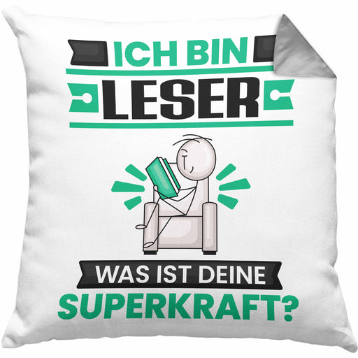 Leser Kissen mit Füllung 40x40 Geschenk für Leser Geburtstag Lustiger Spruch Was Ist Deine Superkraft (Grau) Grau Trendation