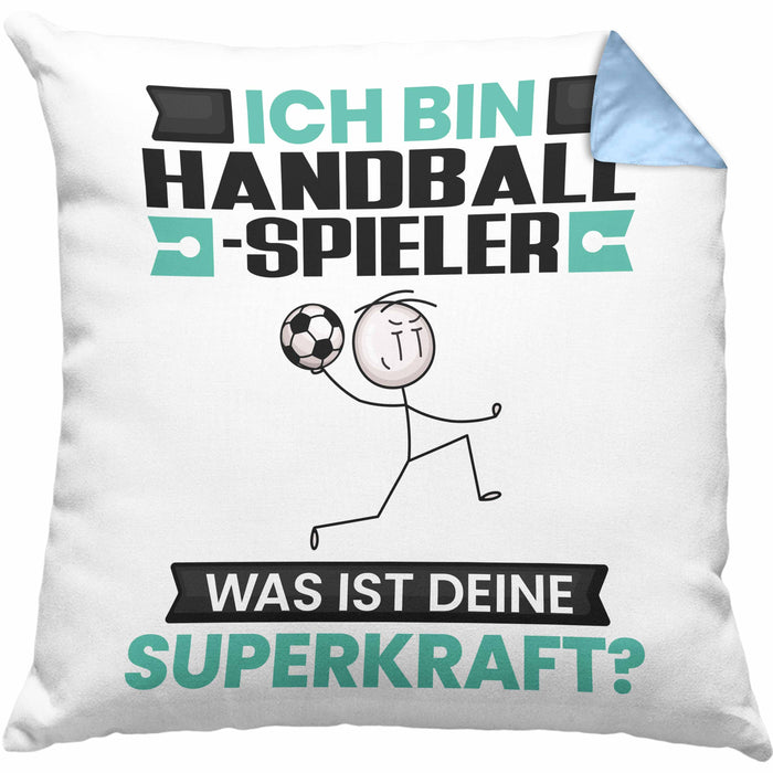 Handballspieler Kissen mit Füllung 40x40 Geschenk für Handballspieler Geburtstag Lustiger Spruch Was Ist Deine Superkraft (Grau) Blau Trendation