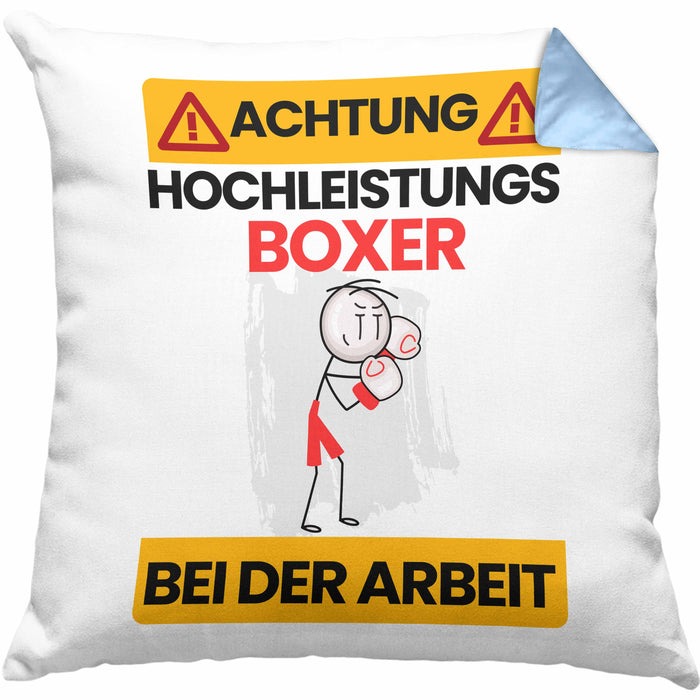 Boxer Kissen mit Füllung 40x40 Geschenk Lustiger Spruch Geschenkidee für Boxer Achtung Hochleistungs Boxer Bei Der Arbeit (Grau) Blau Trendation