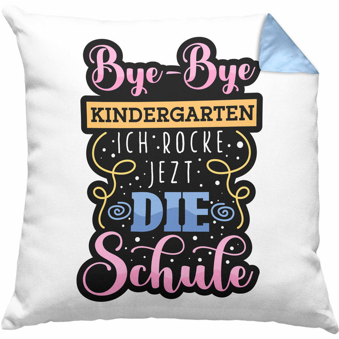 Einschulung Kissen mit Füllung 40x40 "Bye-Bye Kindergarten, Ich rocke jetzt die Schule" Geschenk für Schulanfänger (Grau) Blau Trendation
