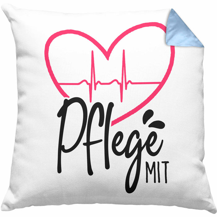 Geschenkidee Pfleger Kissen mit Füllung 40x40 "Pflege mit Herz" Grafik Pfleger Geschenk (Grau) Blau Trendation