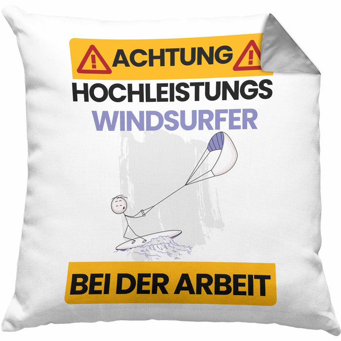 Windsurfer Kissen mit Füllung 40x40 Geschenk Lustiger Spruch Geschenkidee für Windsurfer Achtung Hochleistungs Windsurfer Bei Der Arbeit (Grau) Grau Trendation