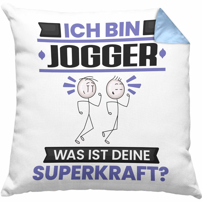 Jogger Kissen mit Füllung 40x40 Geschenk für Jogger Geburtstag Lustiger Spruch Was Ist Deine Superkraft (Grau) Blau Trendation