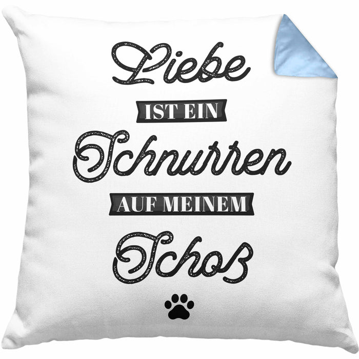Katze Kissen mit Füllung 40x40 Geschenk Spruch Geschenkidee für Katzen-Mama Papa Katzenliebhaber Liebe Ist Ein Schnurren Auf Meinem Schoß (Grau) Blau Trendation
