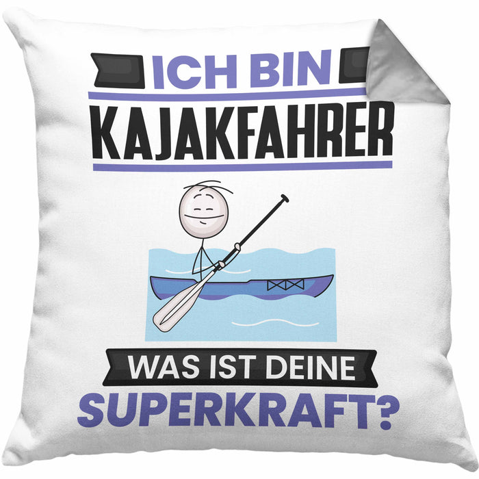 Kajakfahrer Kissen mit Füllung 40x40 Geschenk für Kajakfahrer Geburtstag Lustiger Spruch Was Ist Deine Superkraft (Grau) Grau Trendation