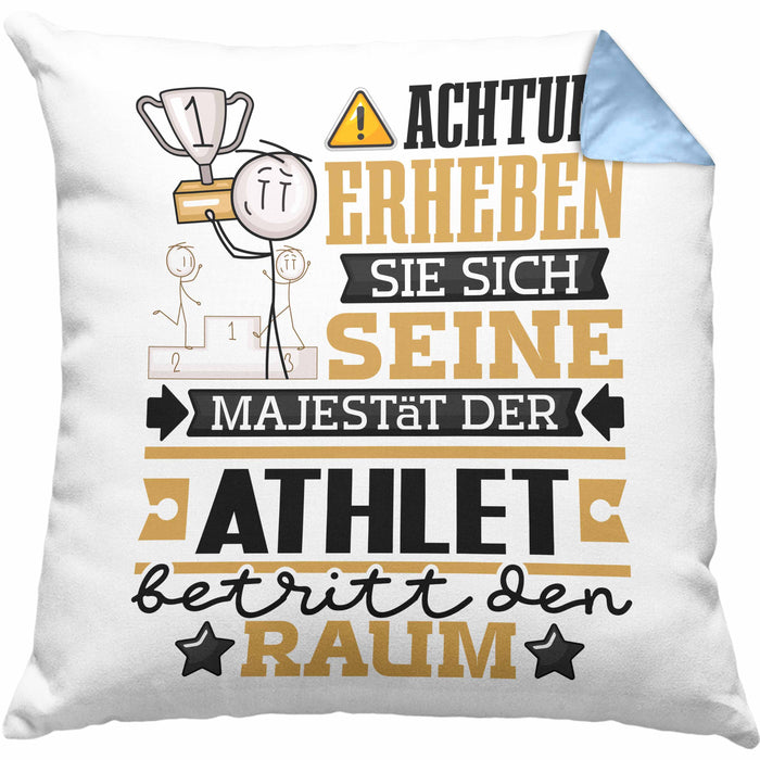Athlet Geschenk Kissen mit Füllung 40x40 Lustiger Spruch Erheben Sie Sich Der Athlet Betritt den Raum (Grau) Blau Trendation