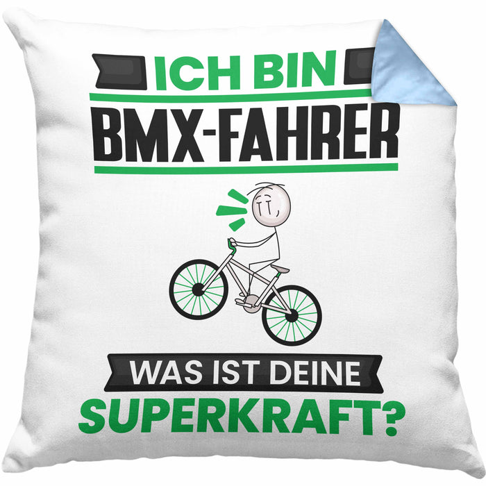 BMX-Fahrer Kissen mit Füllung 40x40 Geschenk für BMX-Fahrer Geburtstag Lustiger Spruch Was Ist Deine Superkraft (Grau) Blau Trendation