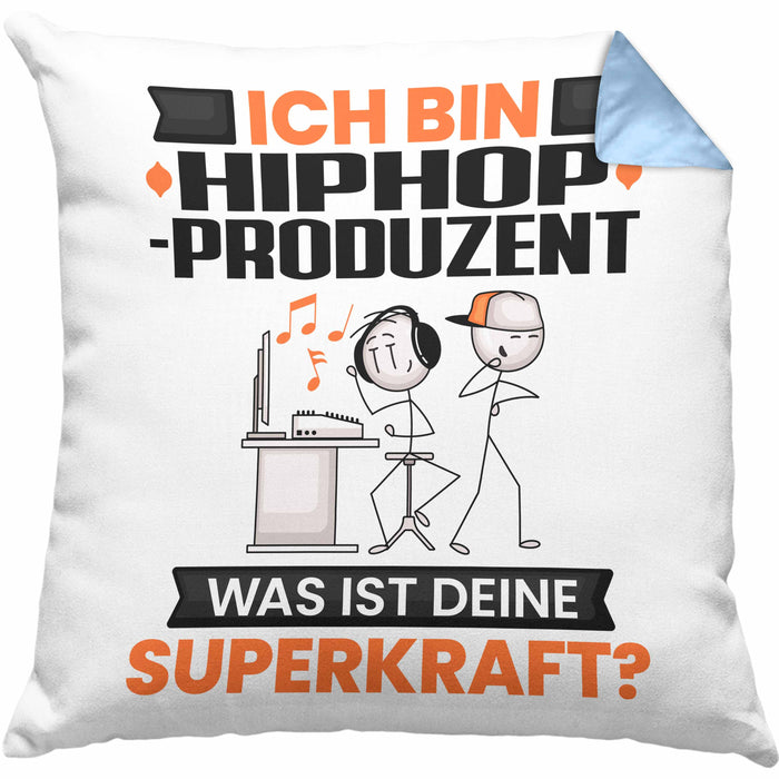 Hiphop-Produzent Kissen mit Füllung 40x40 Geschenk für Hiphop-Produzent Geburtstag Lustiger Spruch Was Ist Deine Superkraft (Grau) Blau Trendation