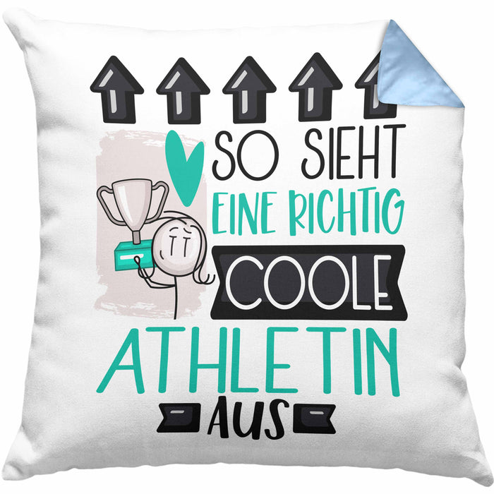 Athletin Geschenk Kissen mit Füllung 40x40 Lustig Geschenkidee für Athletin Geburtstag So Sieht Eine Richtig Coole Athletin Aus Frauen Spruch (Grau) Blau Trendation