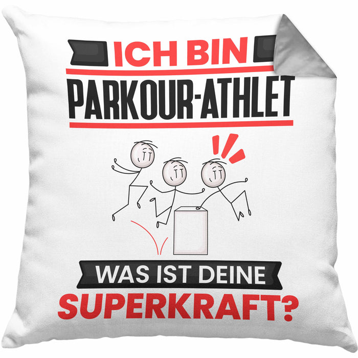 Parkour-Athlet Kissen mit Füllung 40x40 Geschenk für Parkour-Athlet Geburtstag Lustiger Spruch Was Ist Deine Superkraft (Grau) Grau Trendation