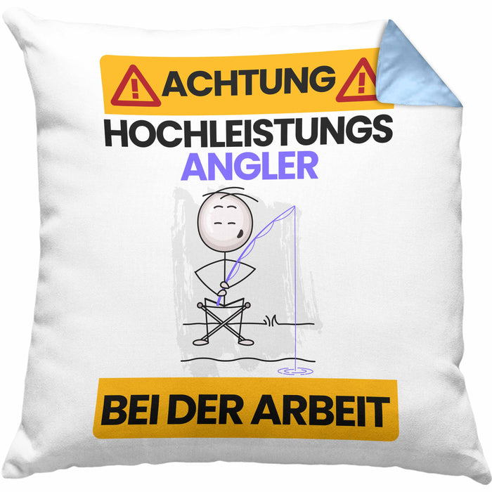 Angler Kissen mit Füllung 40x40 Geschenk Lustiger Spruch Geschenkidee für Angler Achtung Hochleistungs Angler Bei Der Arbeit (Grau) Blau Trendation