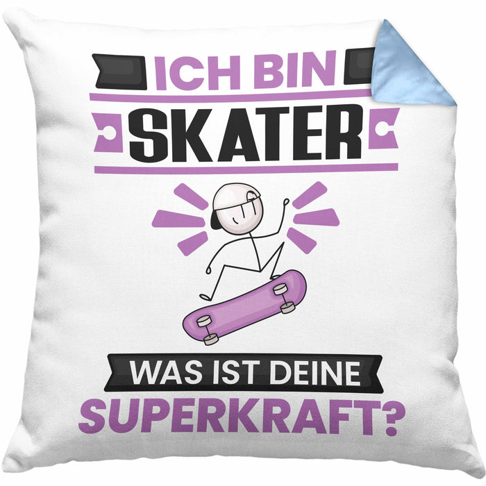 Skater Kissen mit Füllung 40x40 Geschenk für Skater Geburtstag Lustiger Spruch Was Ist Deine Superkraft (Grau) Blau Trendation