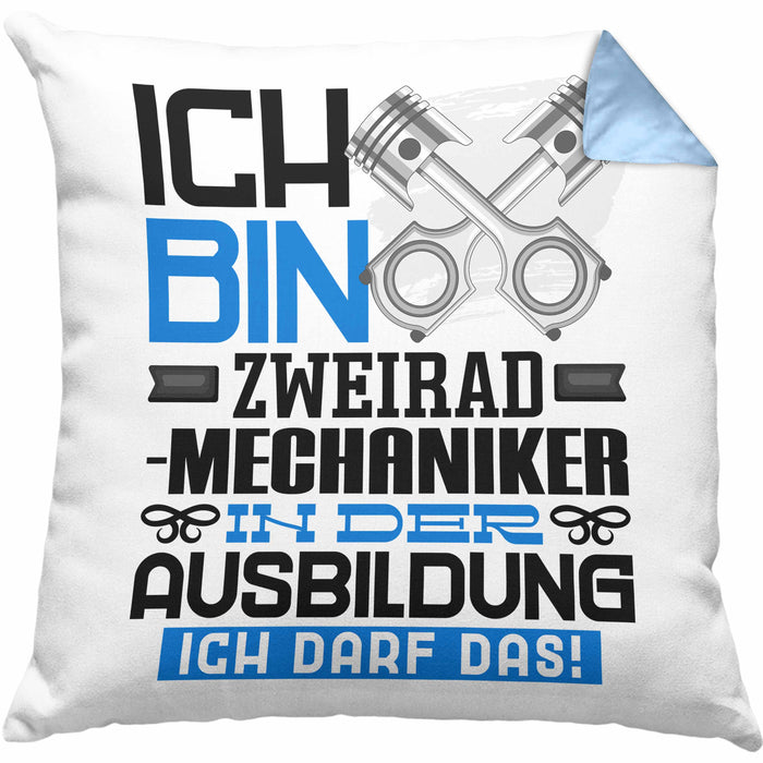 Zweiradmechaniker Ausbildung Kissen mit Füllung 40x40 Geschenk Ich Bin Zweiradmechaniker In Der Ausbildung Ich Darf Das Geschenkidee Spruch (Grau) Blau Trendation