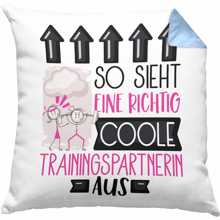 Trainingspartnerin Geschenk Kissen mit Füllung 40x40 Lustig Geschenkidee für Trainingspartnerin Geburtstag So Sieht Eine Richtig Coole Trainingspartnerin Aus Frauen Spruch (Grau) Blau Trendation