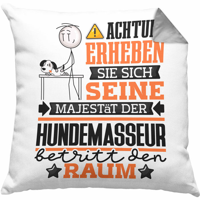 Hundemasseur Geschenk Kissen mit Füllung 40x40 Lustiger Spruch Erheben Sie Sich Der Hundemasseur Betritt den Raum (Grau) Grau Trendation