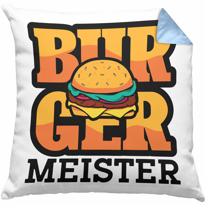 Burger Meister Kissen mit Füllung 40x40 Geschenk Spruch Grillen Sommer Burger Liebhaber Geschenkidee Cheeseburger (Grau) Blau Trendation