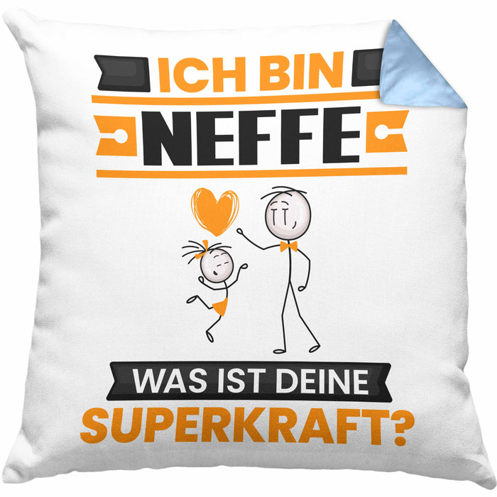 Neffe Kissen mit Füllung 40x40 Geschenk für Neffe Geburtstag Lustiger Spruch Was Ist Deine Superkraft (Grau) Blau Trendation