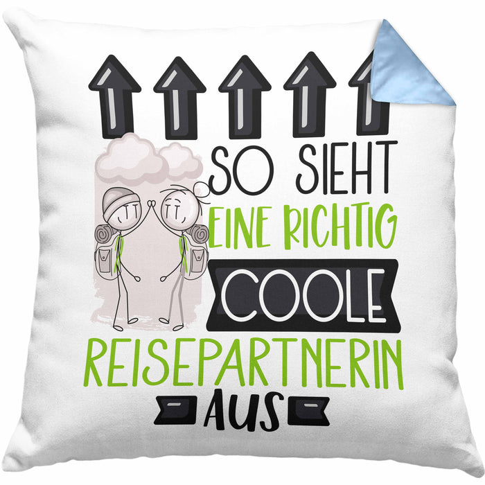 Reisepartnerin Geschenk Kissen mit Füllung 40x40 Lustig Geschenkidee für Reisepartnerin Geburtstag So Sieht Eine Richtig Coole Reisepartnerin Aus Frauen Spruch (Grau) Blau Trendation