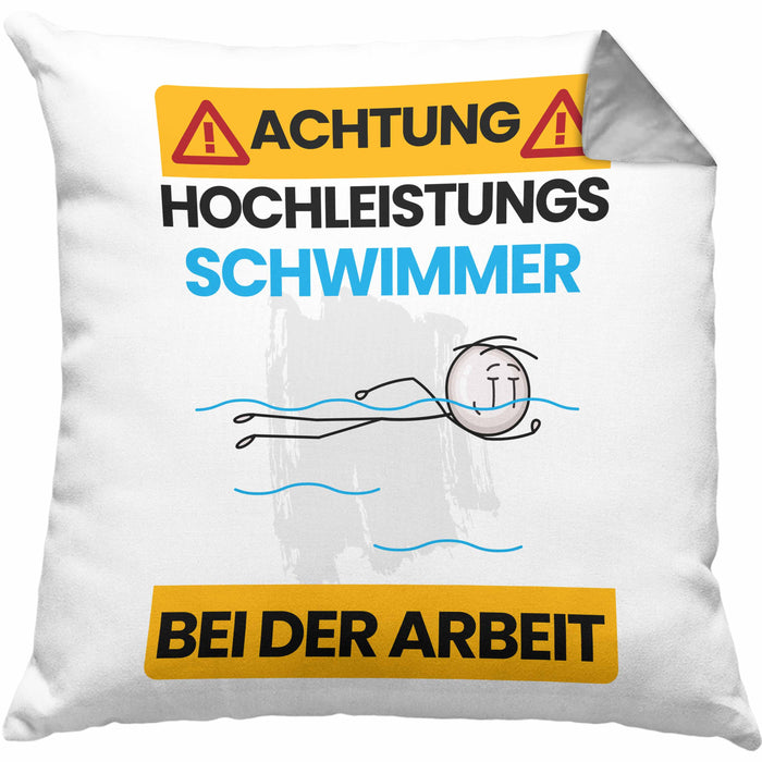 Schwimmer Kissen mit Füllung 40x40 Geschenk Lustiger Spruch Geschenkidee für Schwimmer Achtung Hochleistungs Schwimmer Bei Der Arbeit (Grau) Grau Trendation