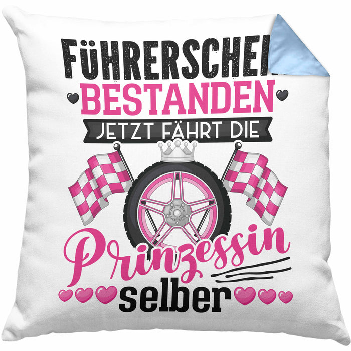 Führerschein Bestanden Geschenk Kissen mit Füllung 40x40 Bestandener Führerschein Jetzt Fährt Die Prinzessin Selber Motorrad Bike Fahrschule (Grau) Blau Trendation