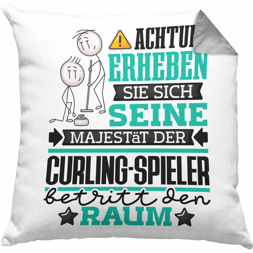 Curling-Spieler Geschenk Kissen mit Füllung 40x40 Lustiger Spruch Erheben Sie Sich Der Curling-Spieler Betritt den Raum (Grau) Grau Trendation
