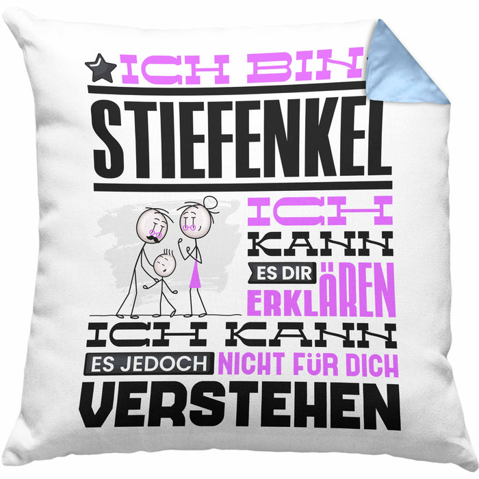 Stiefenkel Geschenk Kaffee-Kissen mit Füllung 40x40 Geschenkidee für Stiefenkel Ich Bin Stiefenkel Ich Kann Es Dir Erklären Jedoch Nicht Für Dich Verstehen Spruch Lustig (Grau) Blau Trendation