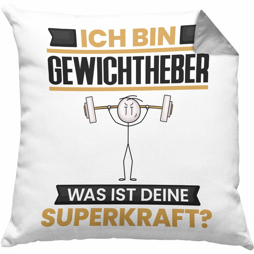 Gewichtheber Kissen mit Füllung 40x40 Geschenk für Gewichtheber Geburtstag Lustiger Spruch Was Ist Deine Superkraft (Grau) Grau Trendation