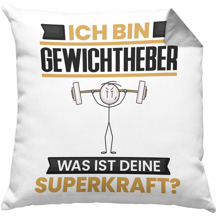 Gewichtheber Kissen mit Füllung 40x40 Geschenk für Gewichtheber Geburtstag Lustiger Spruch Was Ist Deine Superkraft (Grau) Grau Trendation